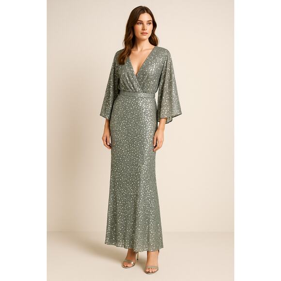 NWT Elegant Silver Sequin Kimono-Sleeve Cocktail Formal Evening Gown 3X 24 - Picture 1 of 10